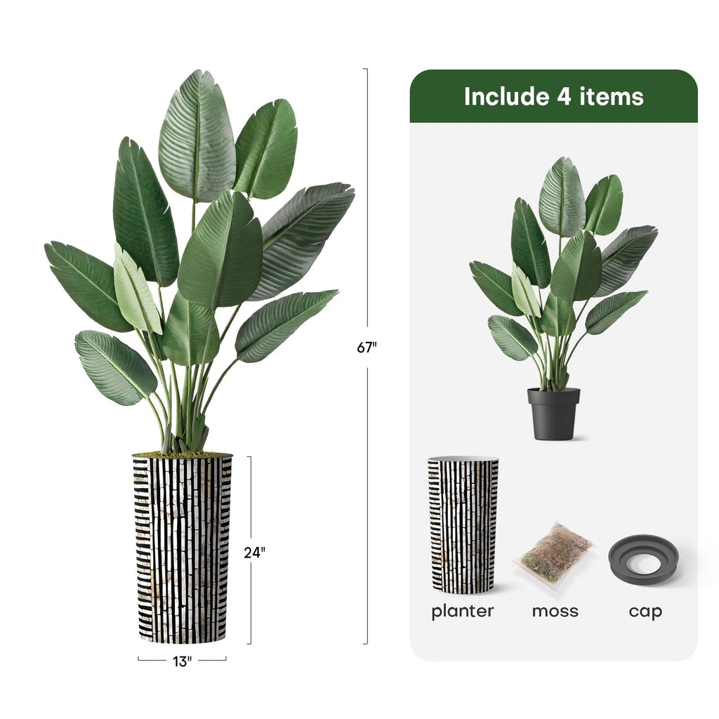 Artificial Tree in Black and Brown Striped Planter, Fake Bird of Paradise Silk Tree for Indoor and Outdoor Home