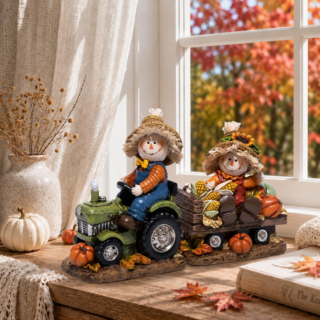 Thanksgiving Scarecrow Tractor Figurine, Harvest Table Decor