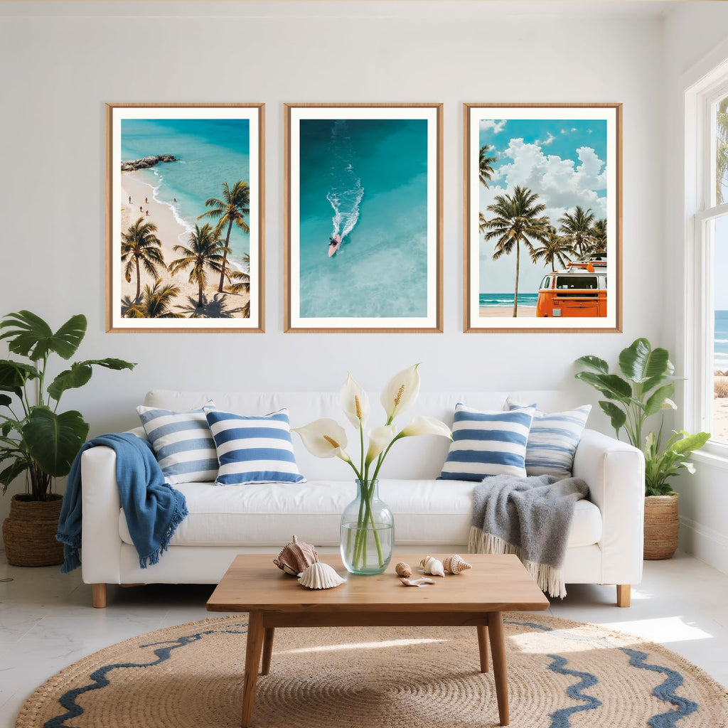 Large Nature Surfboard Beach Framed Canvas Wall Art, Summer Ocean Surfing Wall Decor, Palm Trees Wall Painting, Modern