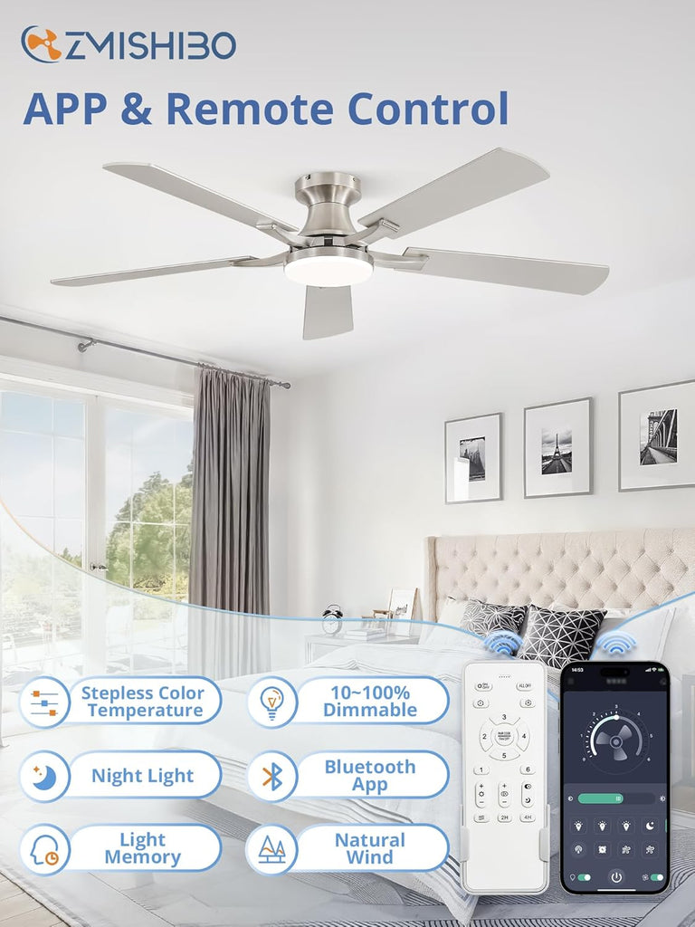 52 Inch Ceiling Fan with Light, App&Remote Control, Flush Mount Low Profile, Dimmable 20W LED Light, Quiet Reversible Motor for Bedroom, Living Room, Apartment, Nickel A101-B0DPHBW77W