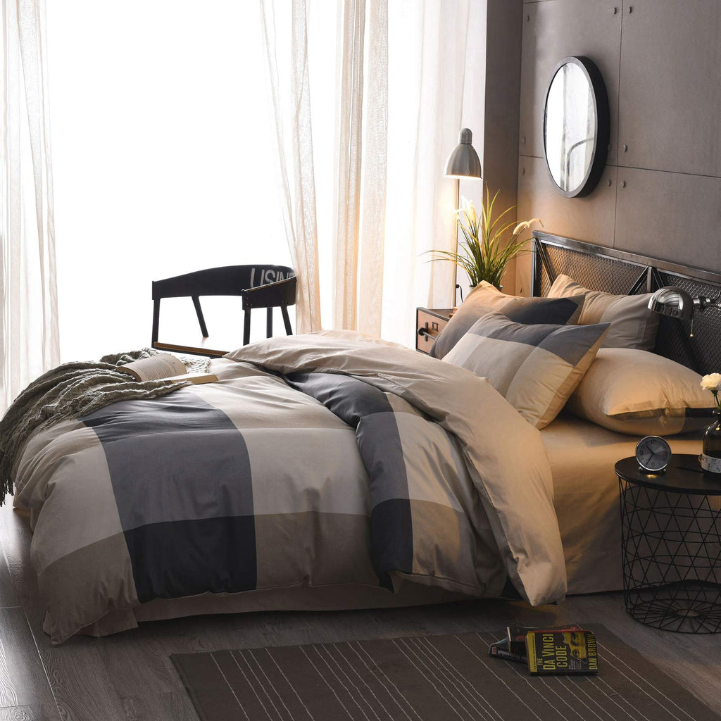 Buffalo Plaid Duvet Cover, 100% Cotton Check Geometric Bedding 3pc Set, Grey Hotel Quality Gingham Plaid Print