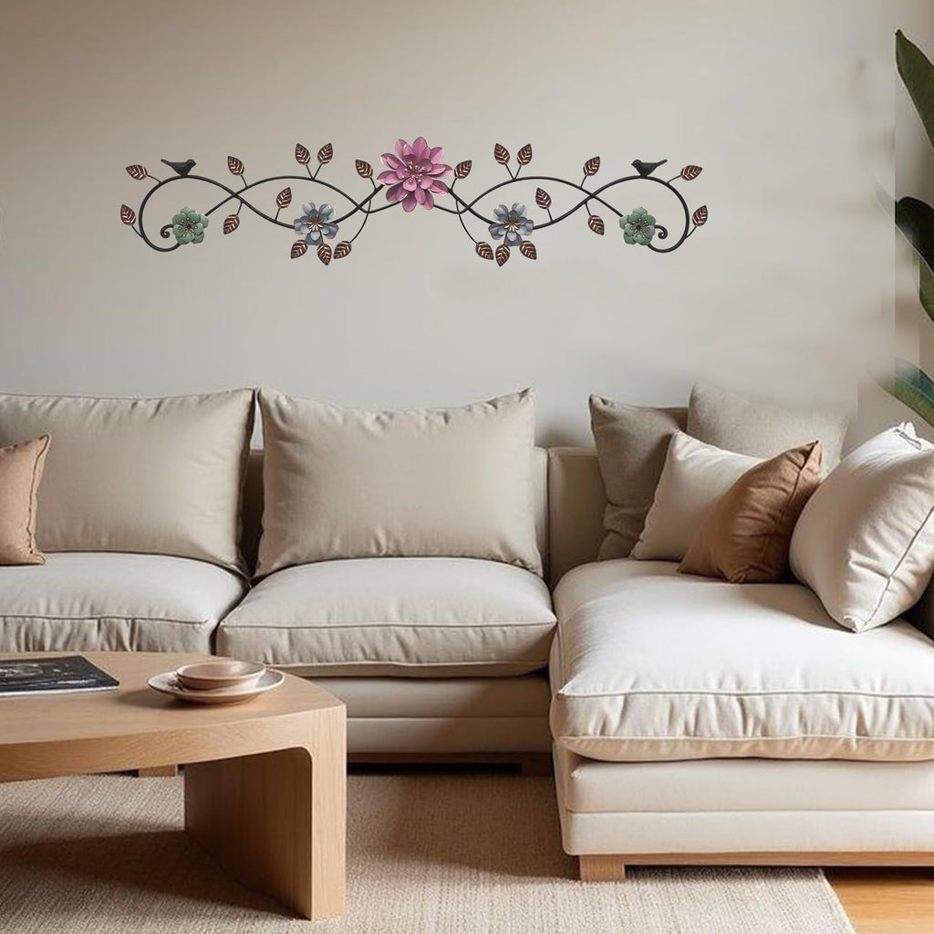 Metal Flower Wall Art above Door: 3D Floral Wall Décor above Window with Bird Leaves - 32.28" French Country