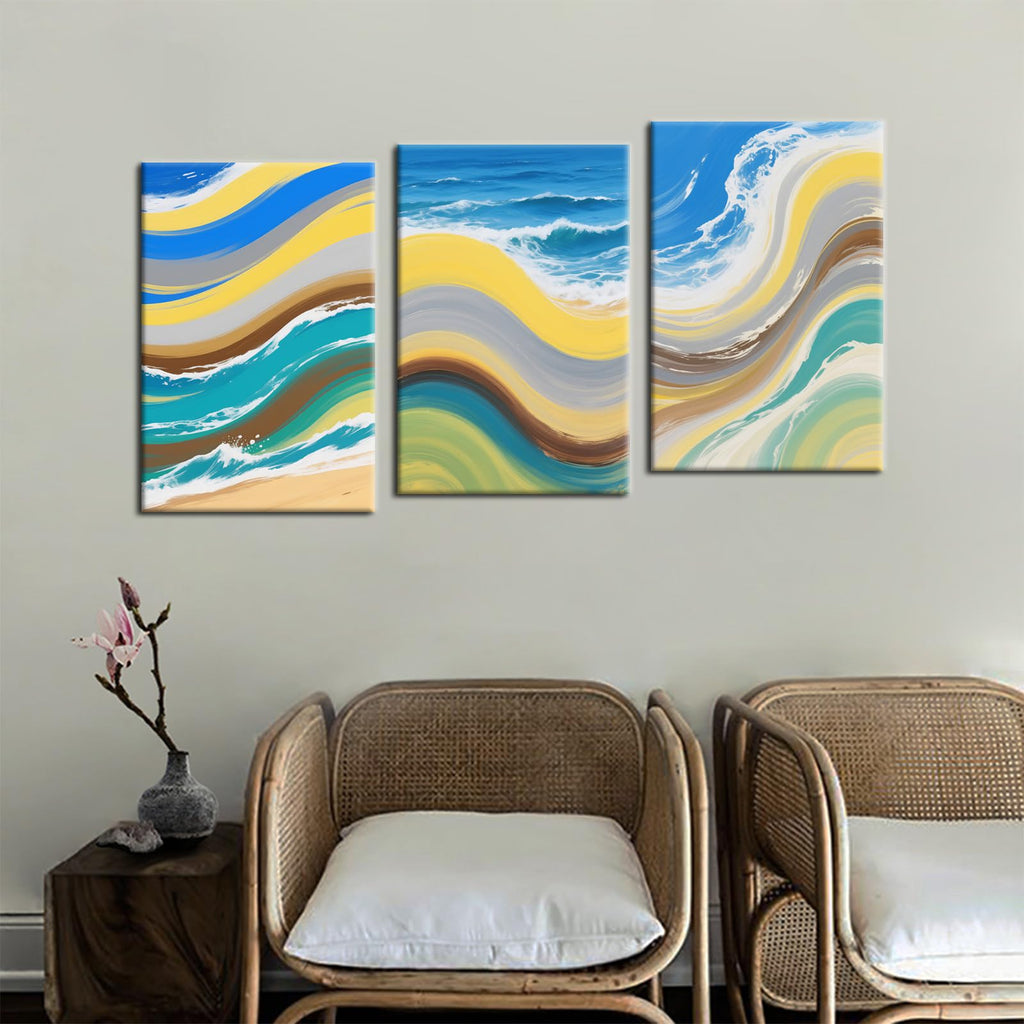 3 Piece Blue Wave Canvas Wall Art, Marbled Coastal Office Decor