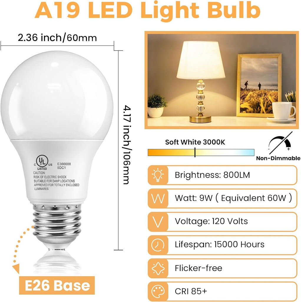 6 Pack A19 LED Light Bulbs, 60 Watt Equivalent, Soft Warm White 3000K