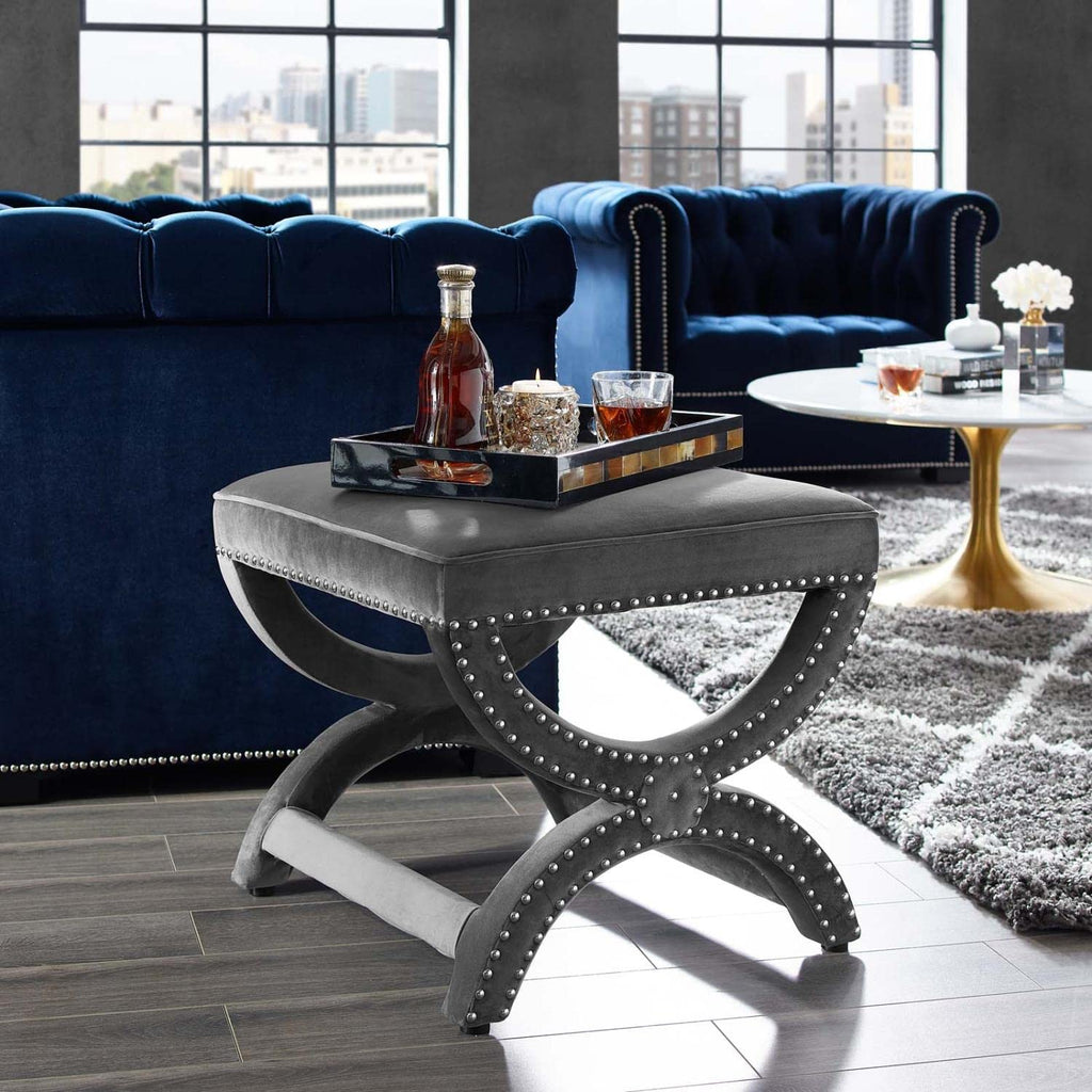 Expound Performance Velvet Upholstered Nailhead Trim Accent Ottoman in Gray