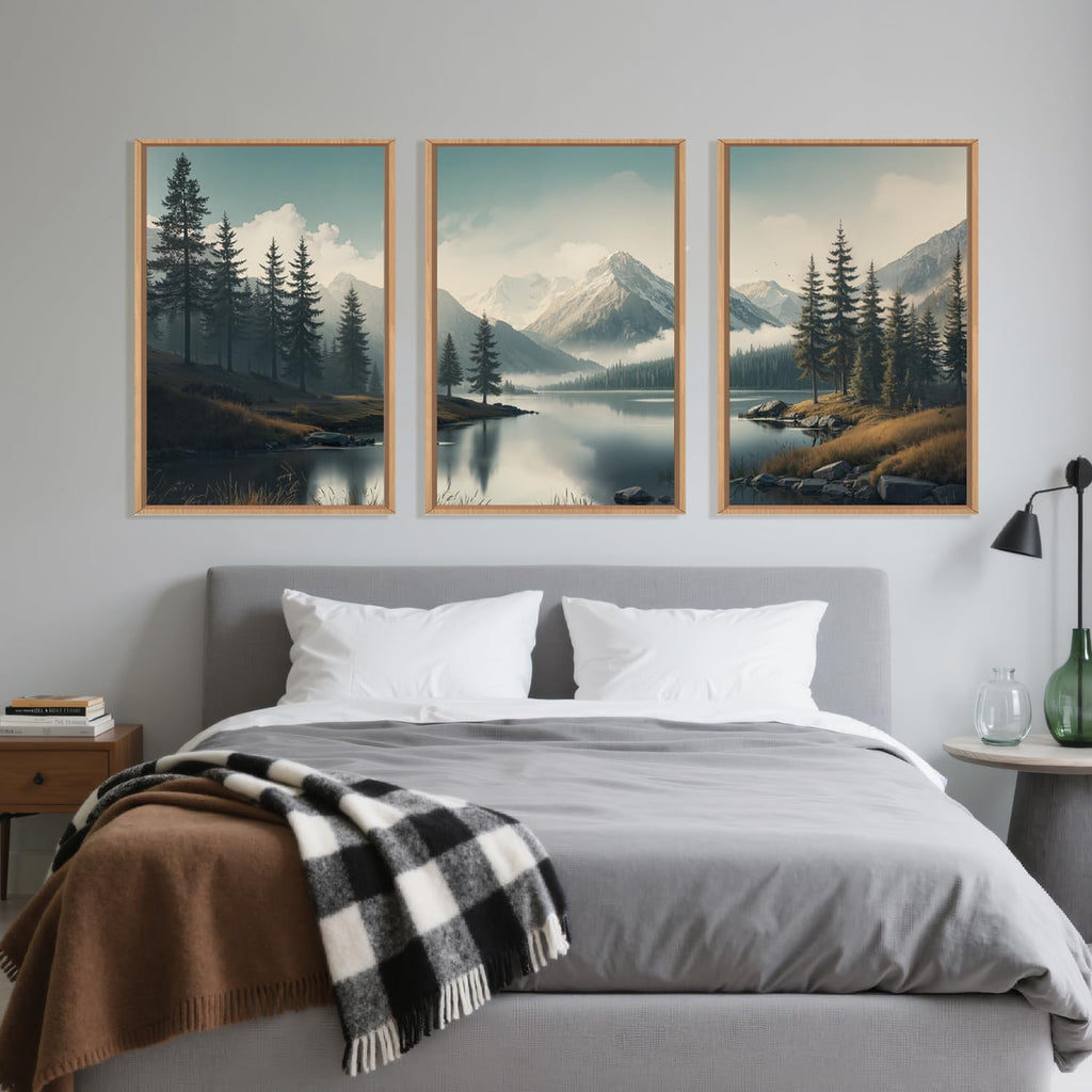 Large Mountain Misty Forest Framed Canvas Wall Art, Nature Ridge Foggy Wall Decor, Snow Lake Woodland Wall