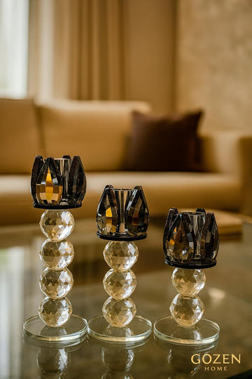 Quality Crystal Candle Holder Set 3 Piece Black Modern Glam for Dining Table, Console, Living Room - 6.3" x 5.5"