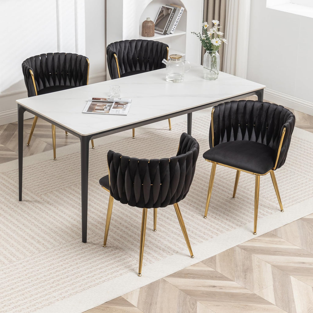 Velvet Dining Chairs Set of 4, Modern Upholstered Woven Dining Chairs with Gold Metal Legs, Modern Accent Chairs
