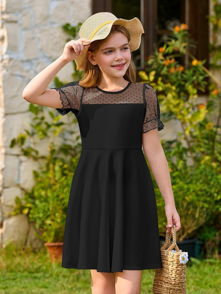Girls Contrast Mesh Puff Sleeve Dress Kids Casual Party Dress
