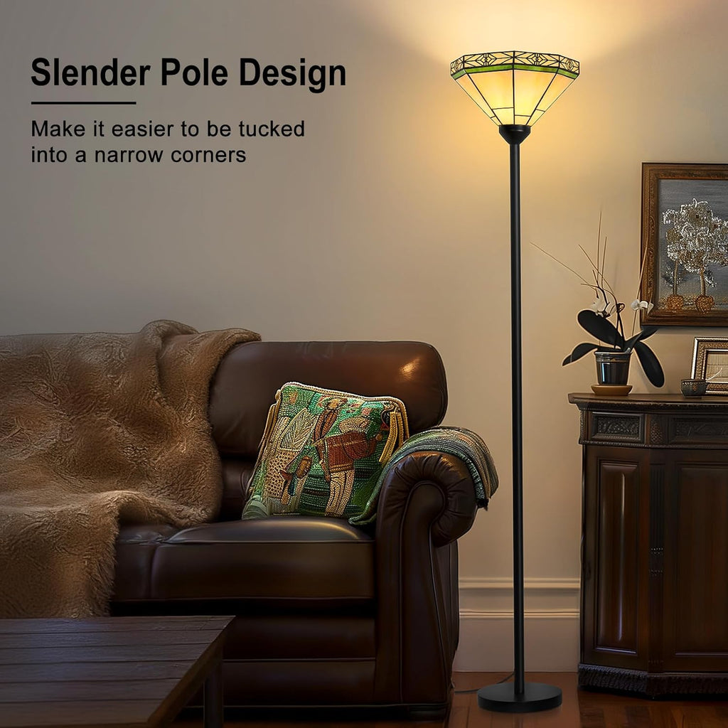 Floor Lamp with Stained Glass Shade, Vintage Style Torchiere Standing Lamp, Tall Pole Lamp with Foot Switch