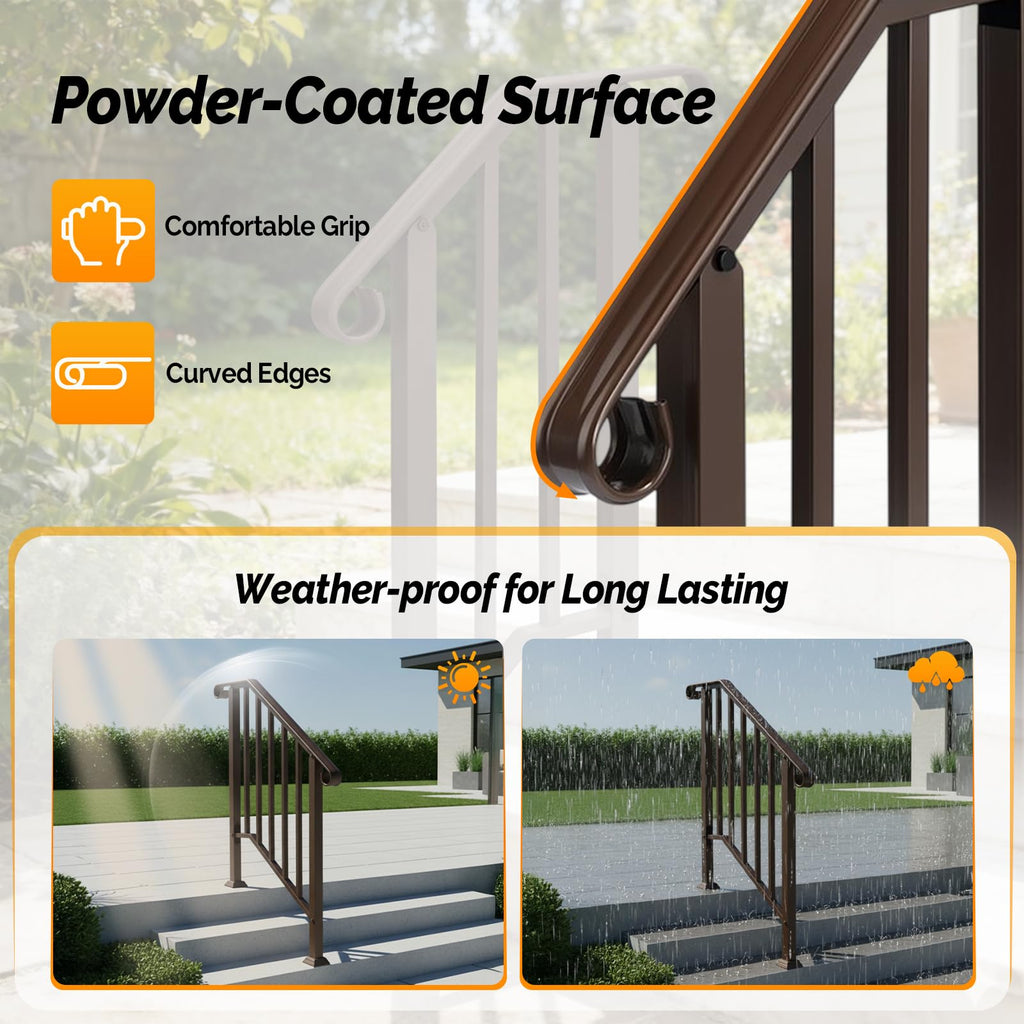 2 Pack Handrails for Outdoor Steps, Stair Handrail Kit Fits 1 to 5 Steps, Wrought Iron Hand Rail with Curved End &