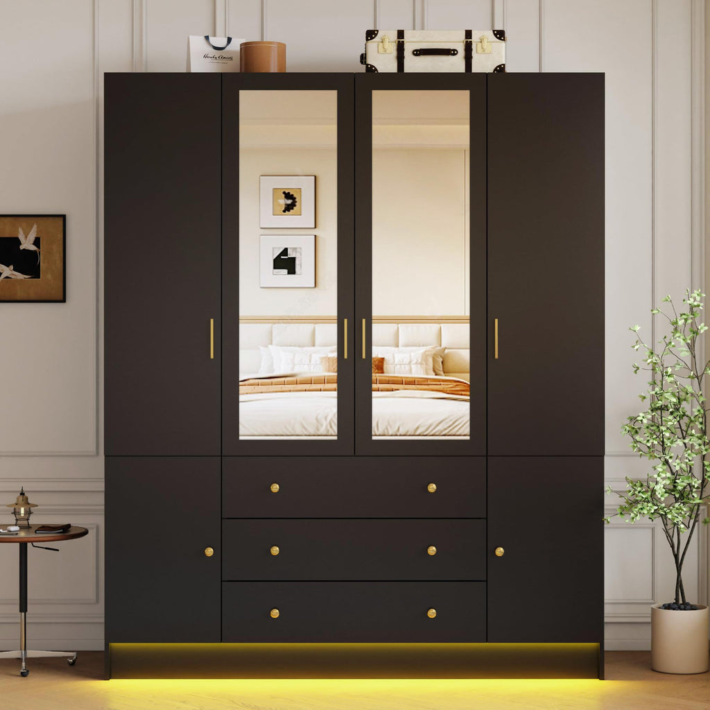 75" Tall Wardrobe Closet with 4 Doors & 3 Drawers, Modern Armoire with Mirror & LED Lights, Wooden Armoire Wardrobe
