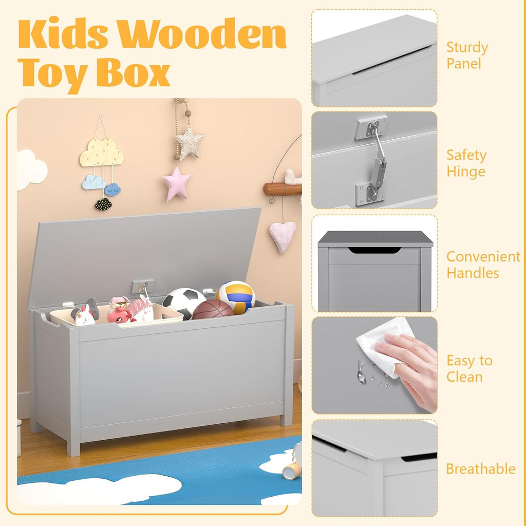 Kids Toy Box Chest, Large Wooden Storage Trunk Bench with Safety Hinged Lid for Ages 3+, Grey