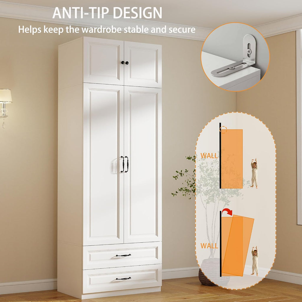 Armoire Wardrobe Closet with Drawers: 31.5" Large Wood Wardrobe Closet with 2 Doors and 2 Drawers, Modern Clothes
