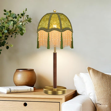 Vintage Table Lamp Dimmable Bedside Lamps With Victorian Fringe, Gold Small Wood Retro Desk Tall Table Light Green Mid