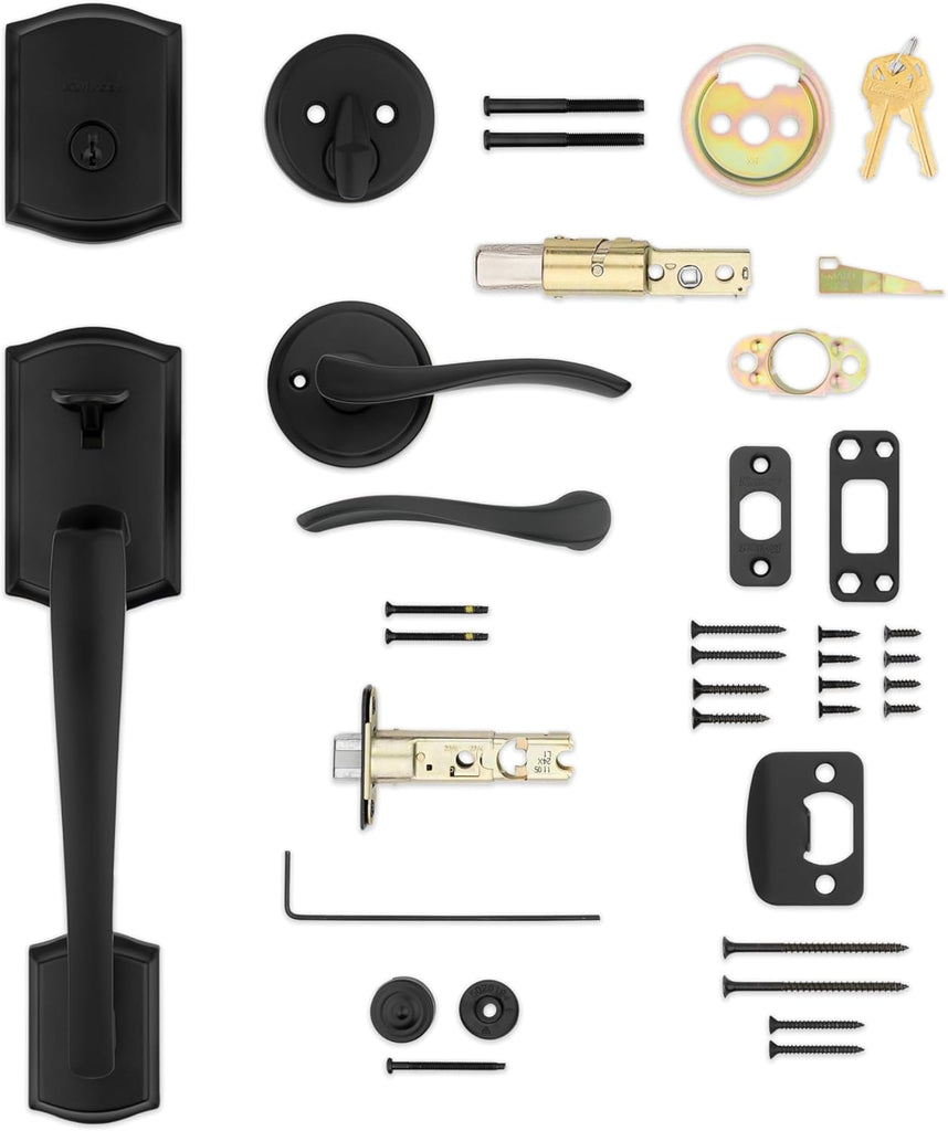 Prescott Front Door Lock Handle and Deadbolt Set, Entry Handleset Exterior with Sedona Reversible Lever, Matte Black - Door Handleset