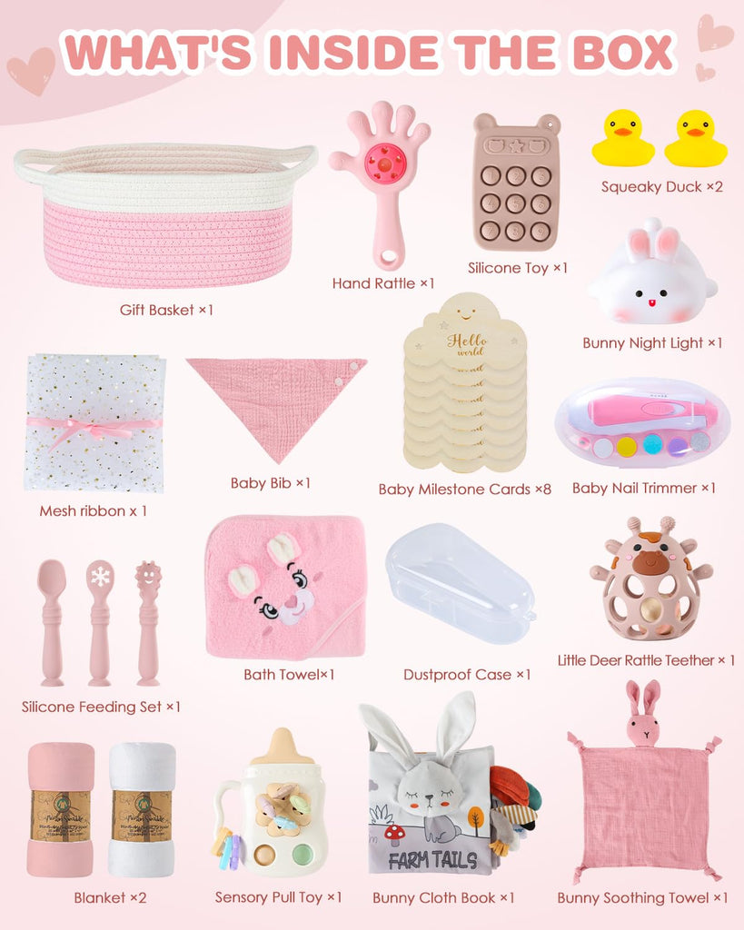 Baby Shower Gifts for Girls, 26 Piece Deluxe Baby Gift Basket - Baby Girl Gift Basket with Bunny Night Light