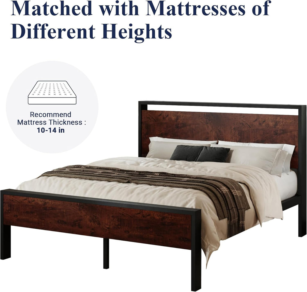 Queen Platform Bed Frame with Wooden Headboard and Footboard, Heavy Duty 12 Metal Slats Support, No Box Spring