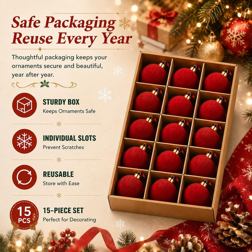 Velvet Christmas Balls Ornaments 15 Pcs, 3.15 Inch Burgundy Red Flocked Xmas Tree Ball Ornaments Shatterproof, Velvet