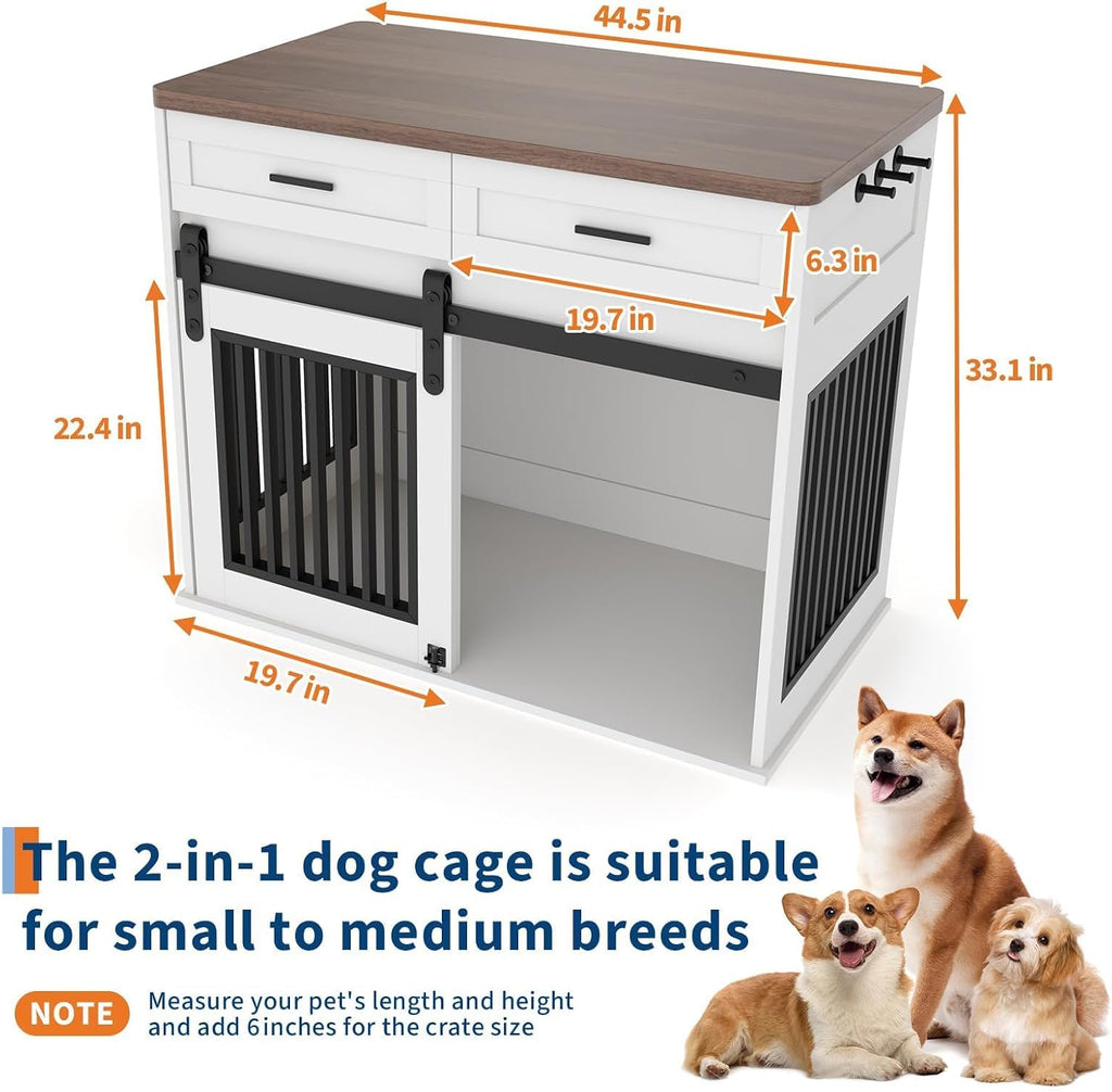 Large Dog Crate Furniture with 2 Storage Drawers, Heavy Duty Wooden Pet Kennel with Sliding Barn Door & Hook, Dog