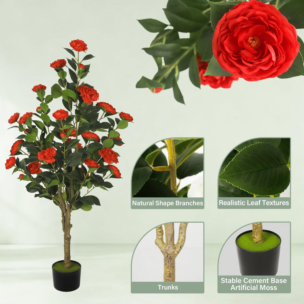 2-Pack 4FT Artificial Camellia Tree, Realistic Fake Potted Plants with Flowers&Planters, Indoor/Outdoor Faux Flowering