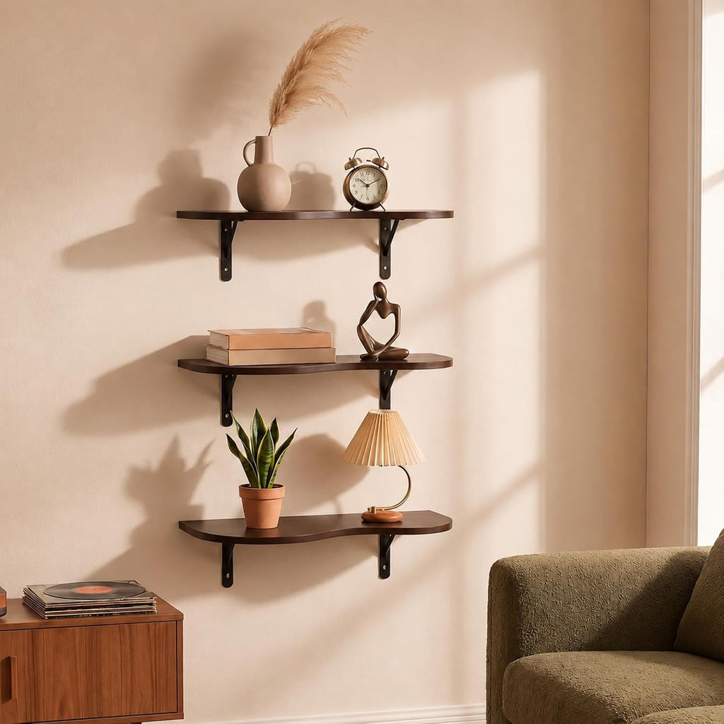 3 Pcs Wooden Floating Shelves Wavy Cloud Shelves Wood Walnut Shelf Live Edge Wall Mount Shelf Dark Brown Rustic