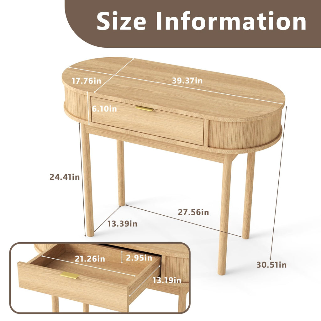 39 Inch Small Computer Desk with Drawer, Mid-Century Modern Writing Desk with Solid Wood Legs - Compact Home Office