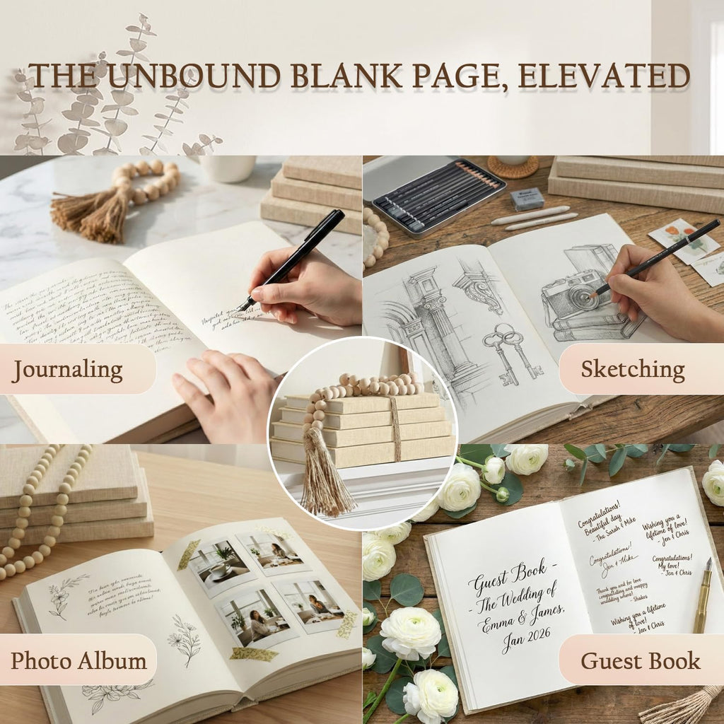 Decorative Books Decor-Set of 4 Real Linen Decorative Books, Stacked Books with Wood Bead Garland, Jute Twine & Satin