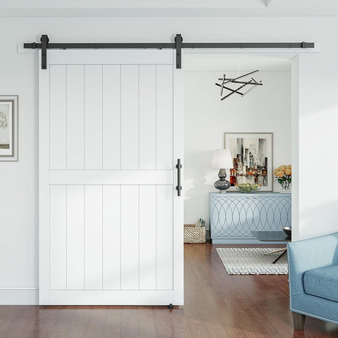 48 x 84 inch White Sliding MDF Barn Door with 8FT Black Sliding Door Hardware Kit & Handle, Pre-Dril