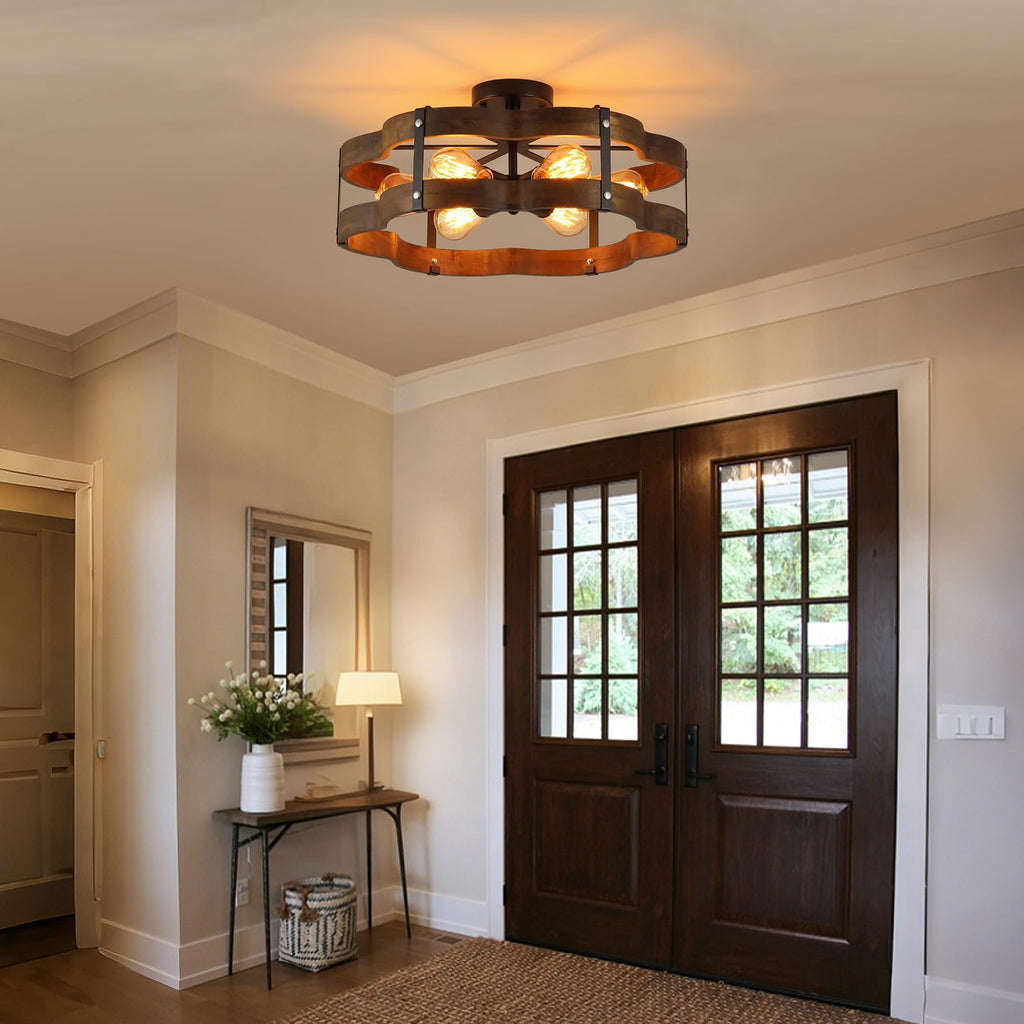 6-Light Rustic Farmhouse Wood Flush Mount Ceiling Light Fixture 20 inch Oak Wood and Metal Cloud Cage Semi Flush