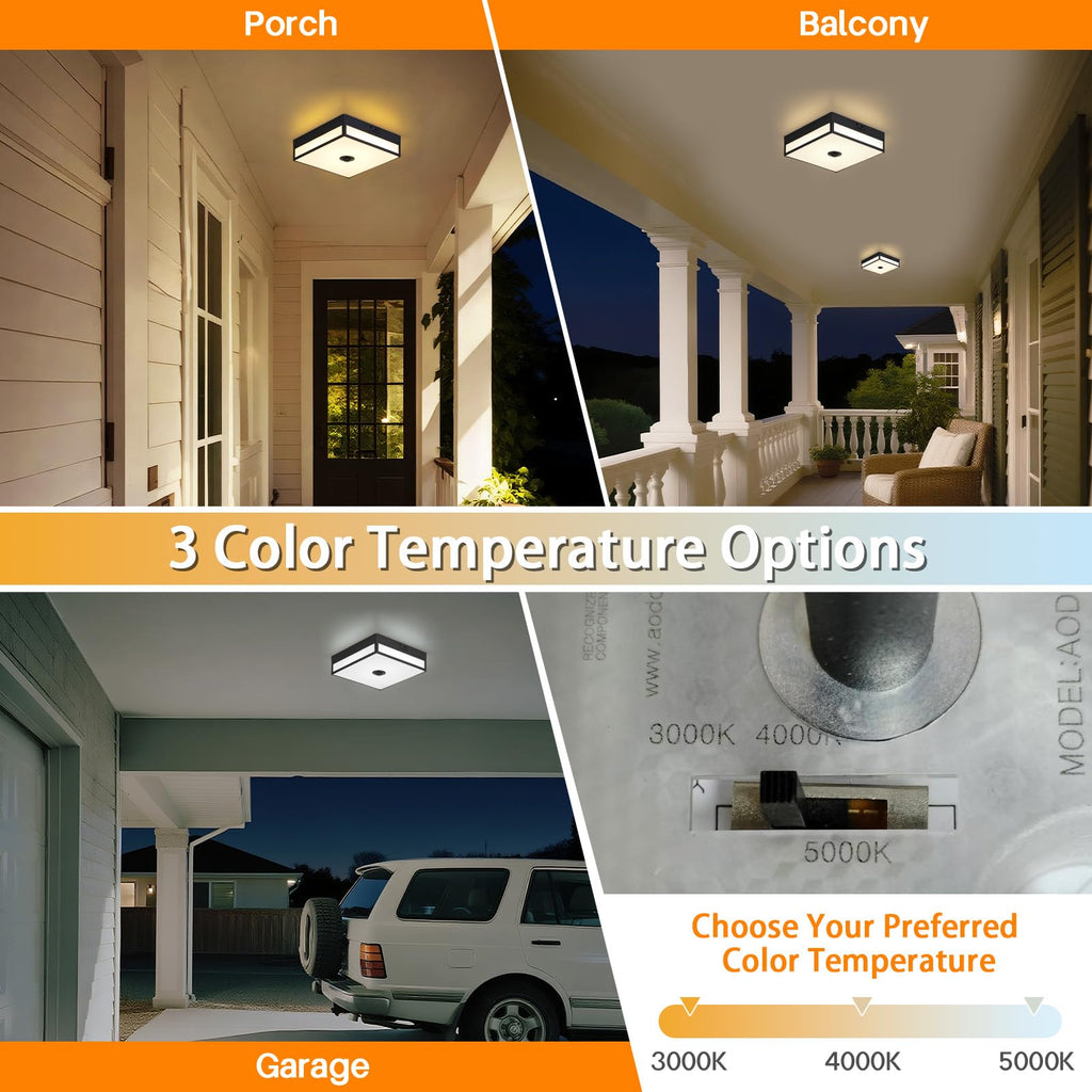 Motion Sensor Outdoor Light, Flush Mount Ceiling Fixture with 24W LED, Dusk to Dawn, Adjustable 3CCT, Black Exterior