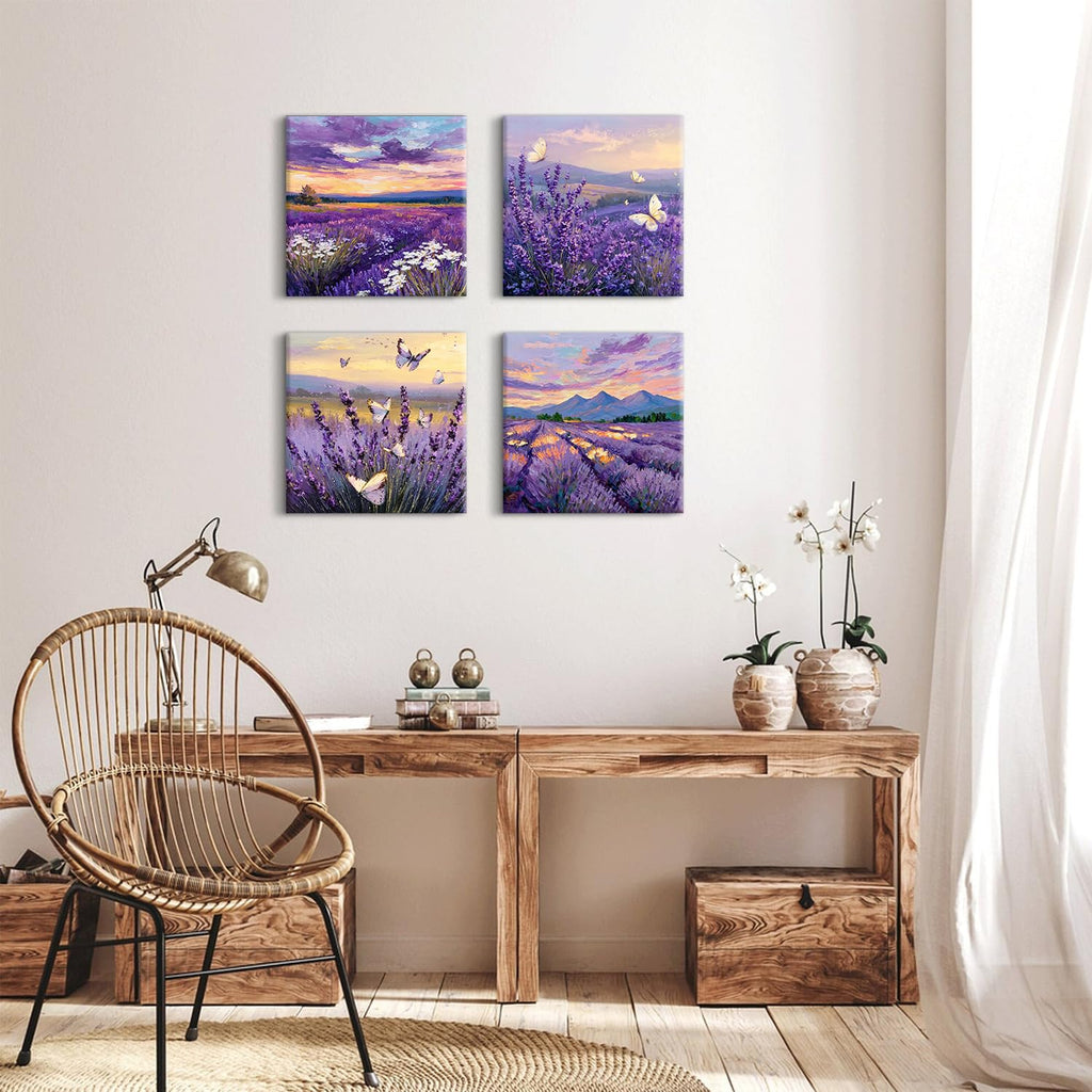 Purple Lavender Wall Art Bedroom Wall Decor Abstract Butterfly Scenery Pictures Watercolor Sunset Forest Paintings