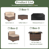 8 Piece Patio Furniture Set with 44” Fire Pit Table Wicker Rattan Outdoor Sectional Sofa Set with Coffee Table