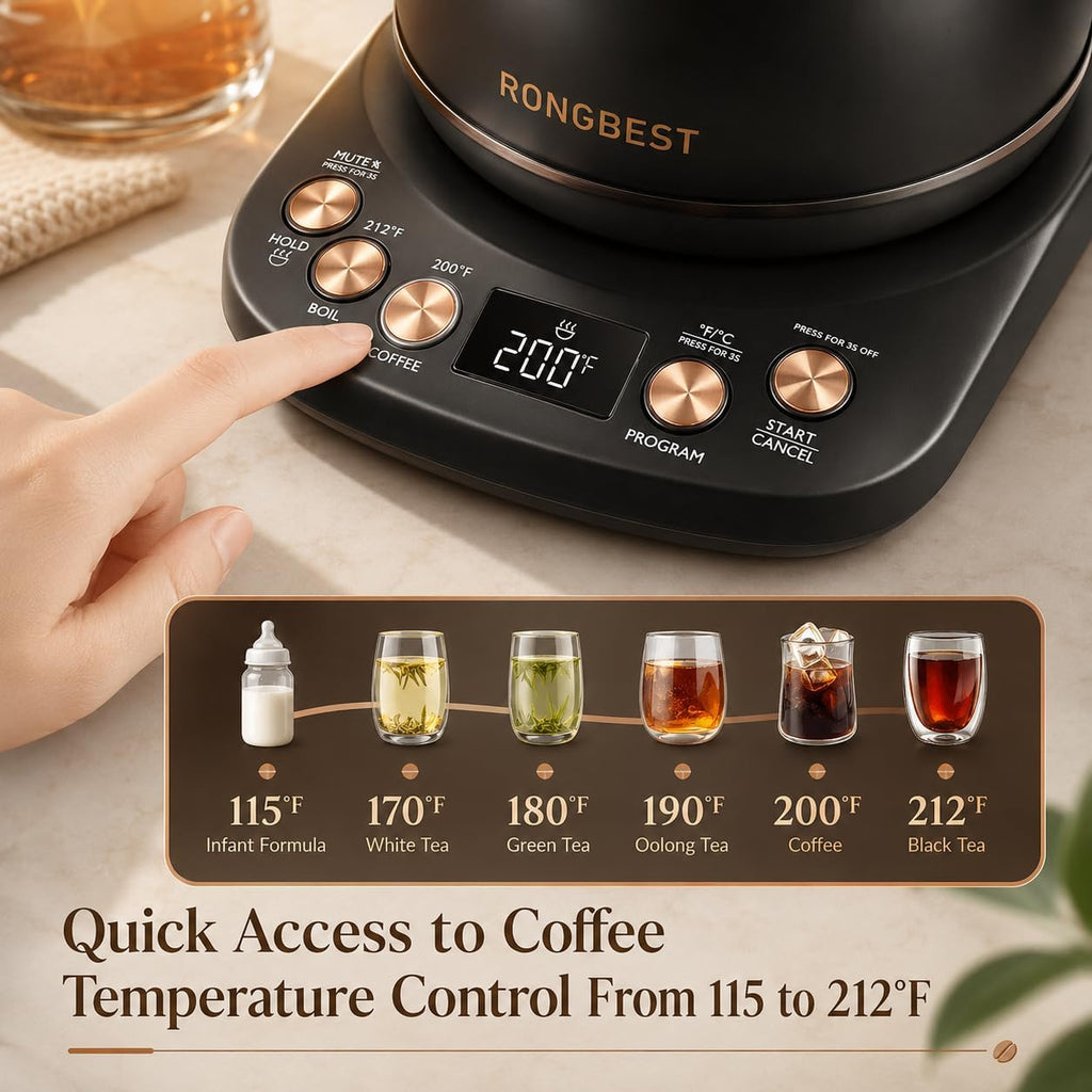 1L Electric Gooseneck Water Kettle with 6 Temperature Control Presets | Stainless Steel Inner & Lid, 2H