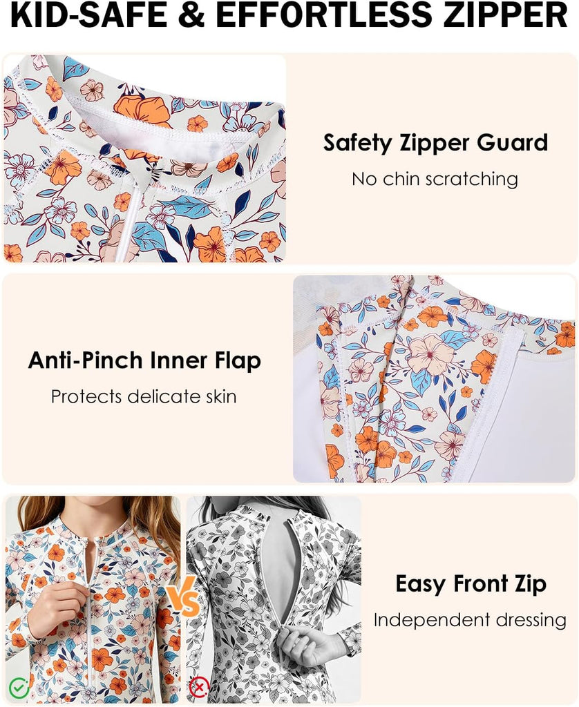 Girls Long Sleeve Swimsuit Rash Guard One Piece Zip