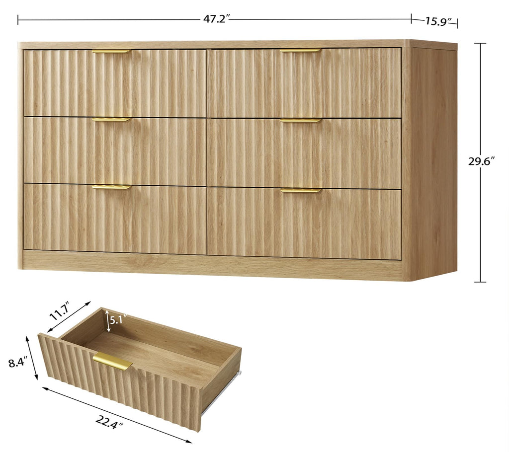 Fluted 6 Drawer Dresser, Wide Modern Chest of Drawers with Metal Handle, Curved Profile Design, Wood Closet Clothes