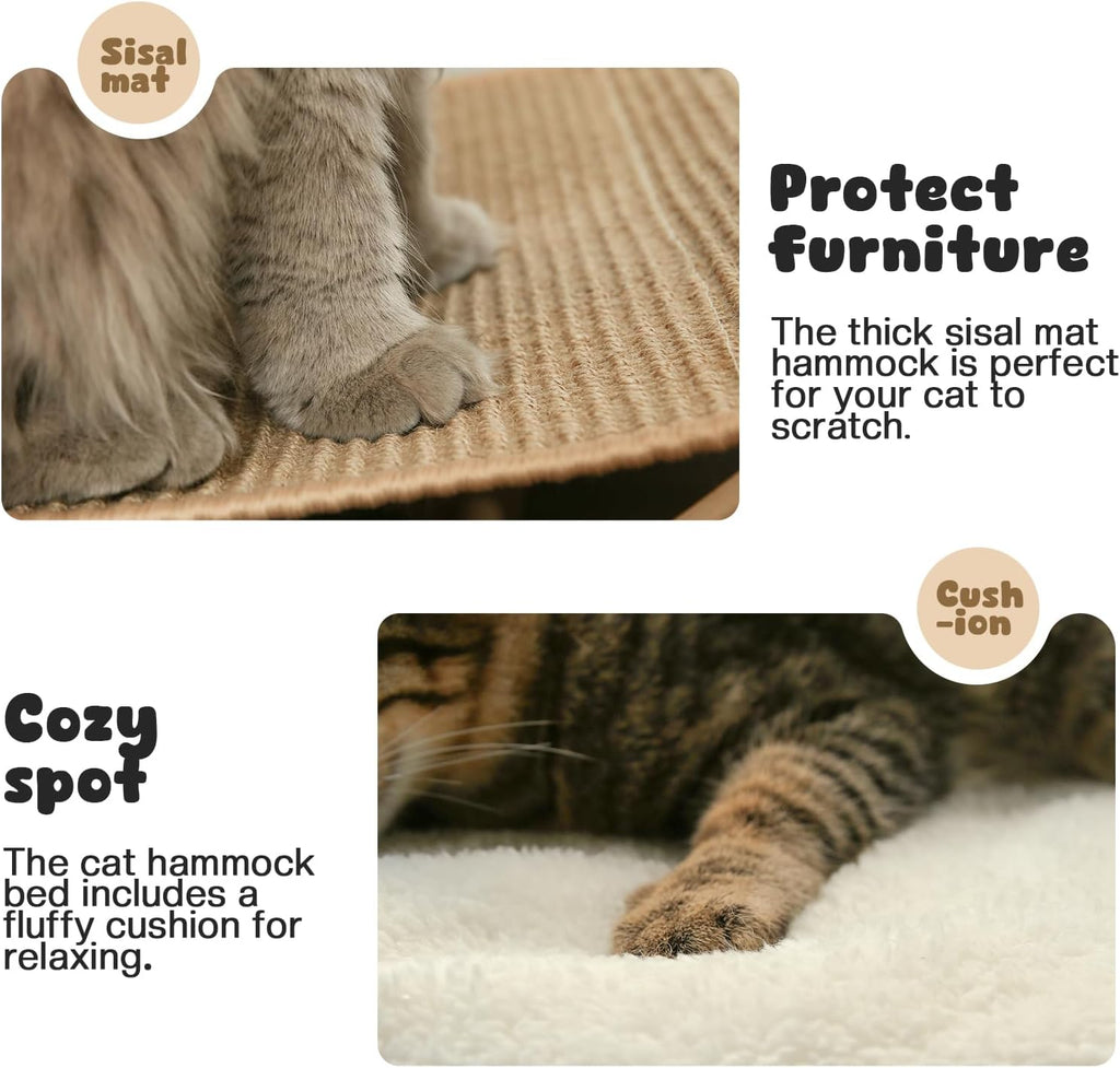 Cat Hammock Bed, Wooden Elevated Cat Beds with Natural Sisal Scratching Mat, Cats Scratcher Bed with Removable Soft