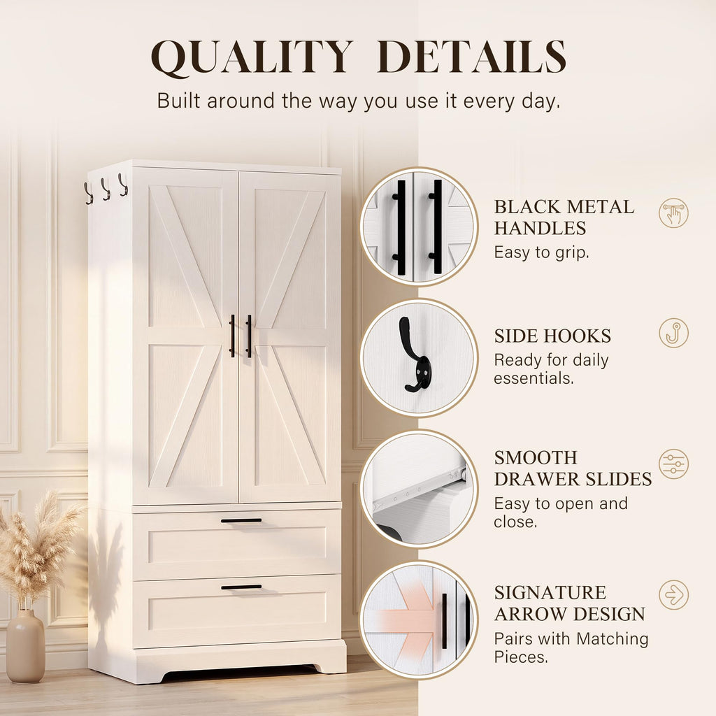 70.9" Wooden Armoire Wardrobe Closet with Sensor Light(White)