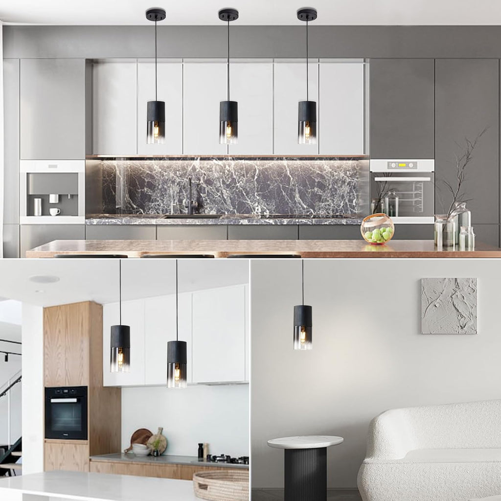 2-Pack Black Pendant Light Fixtures, Adjustable Modern Pendant Lights for Kitchen Island, Industrial Glass Pendant