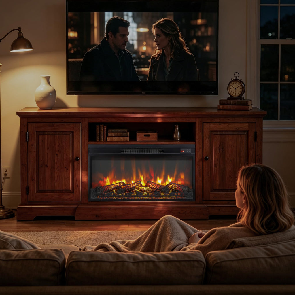 30" Electric Fireplace Insert, Realistic Flame & Log Set, 4-Level Brightness, 1400W Fireplace Heater with Thermostat
