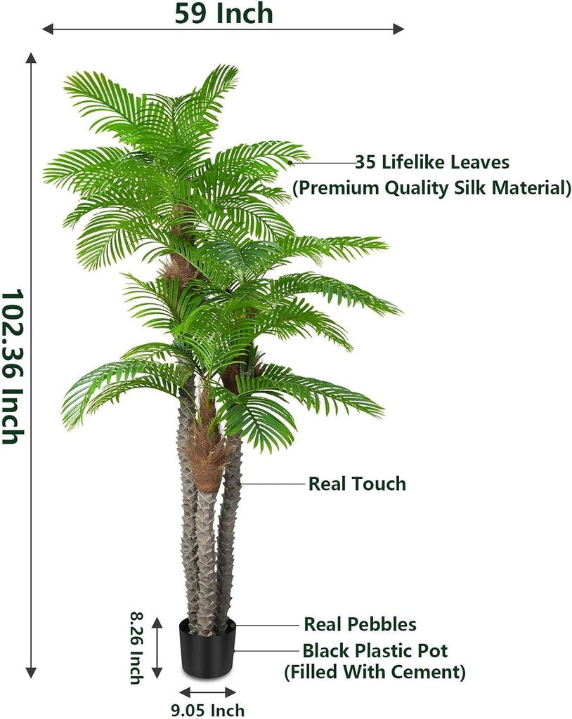 Artificial Palm Trees for Outdoors- 8.5ft Tall Triple Tropical Palm Artificial Tree, UV Resistant Fake Palm Plant