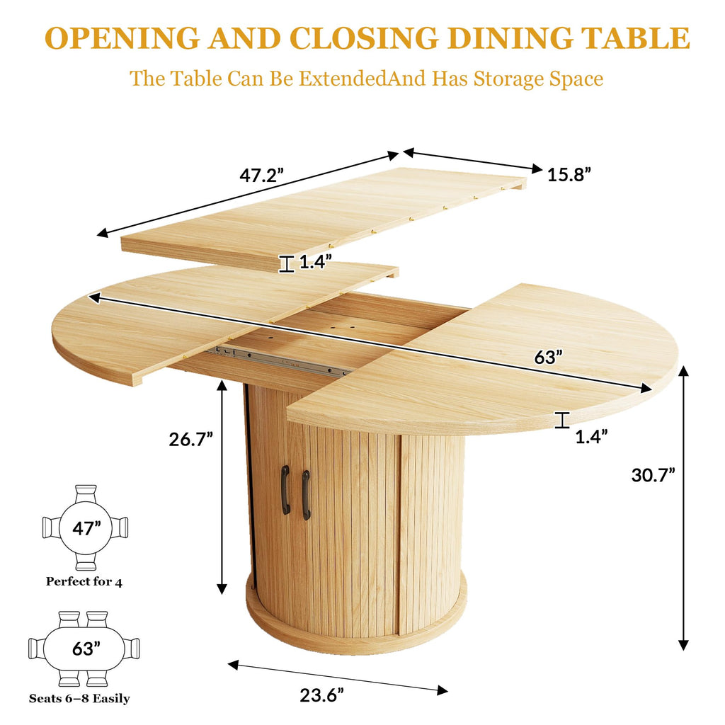 47.2"-63" Extendable Dining Room Table for 4-8, Round-to-Oval Expandable Dining Table with Dust-Proof 2-Tier Shelf