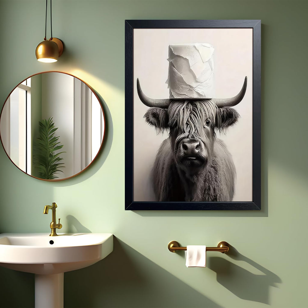 Black and White Bathroom Wall Art, Funny Highland Cow Canvas Poster Print Picture, Modern Farmhouse Wall Decor