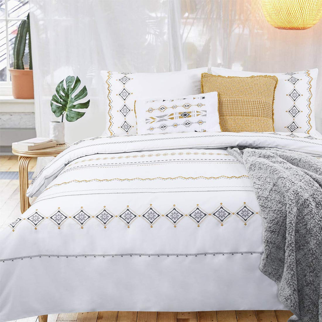 Boho Duvet Cover Set White King Grey Yellow Geometric Moroccan Textured