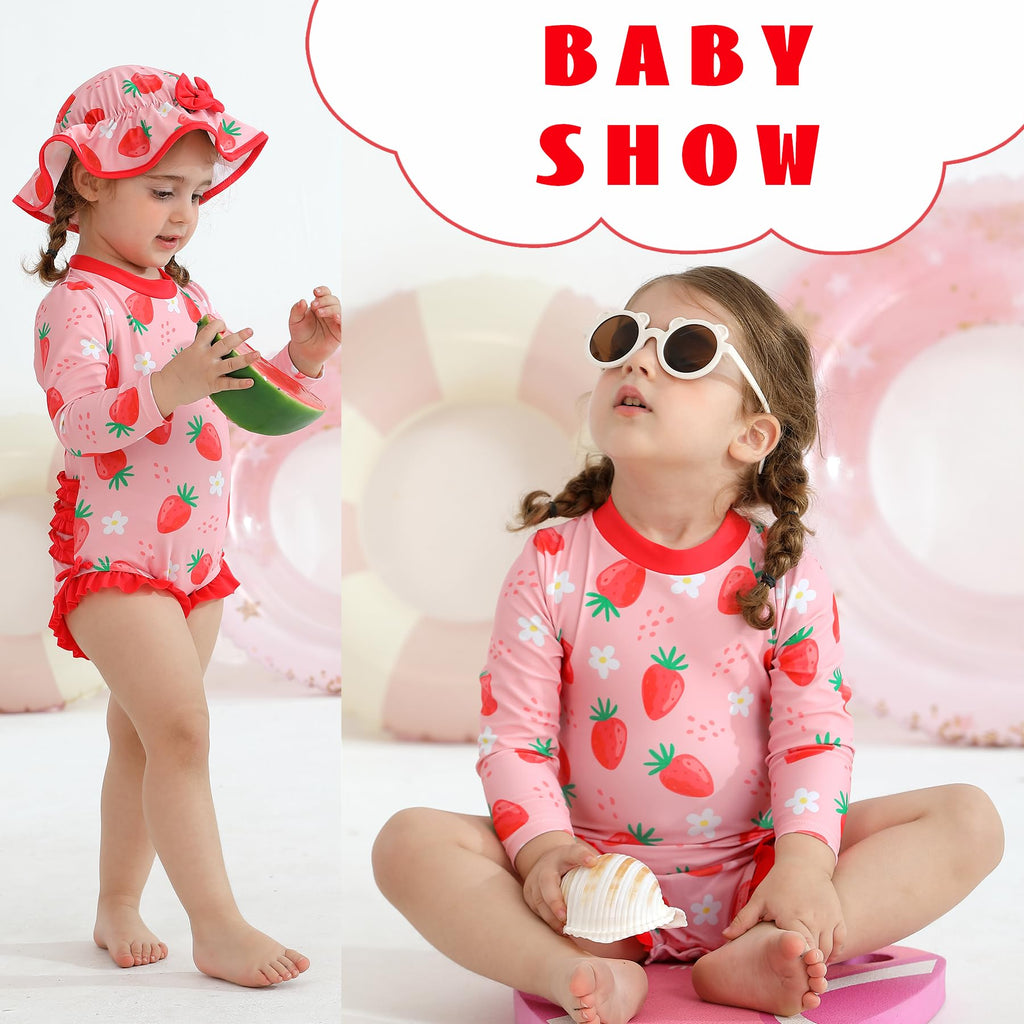 Infant Baby Girl Swimsuit Long Sleeve Bathing Suit with Hat