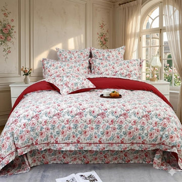 Duvet Cover Set Vintage Red Rose Floral Bedding Shabby Rose Farmhouse Bedding 800 Thread Count 100% Egyptian Cotton