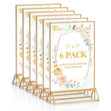 6 Pack Acrylic Sign Holder 5 x 7, Double Sided Gold Picture Frame Stand up Table Top Sign Holders, Clear Display