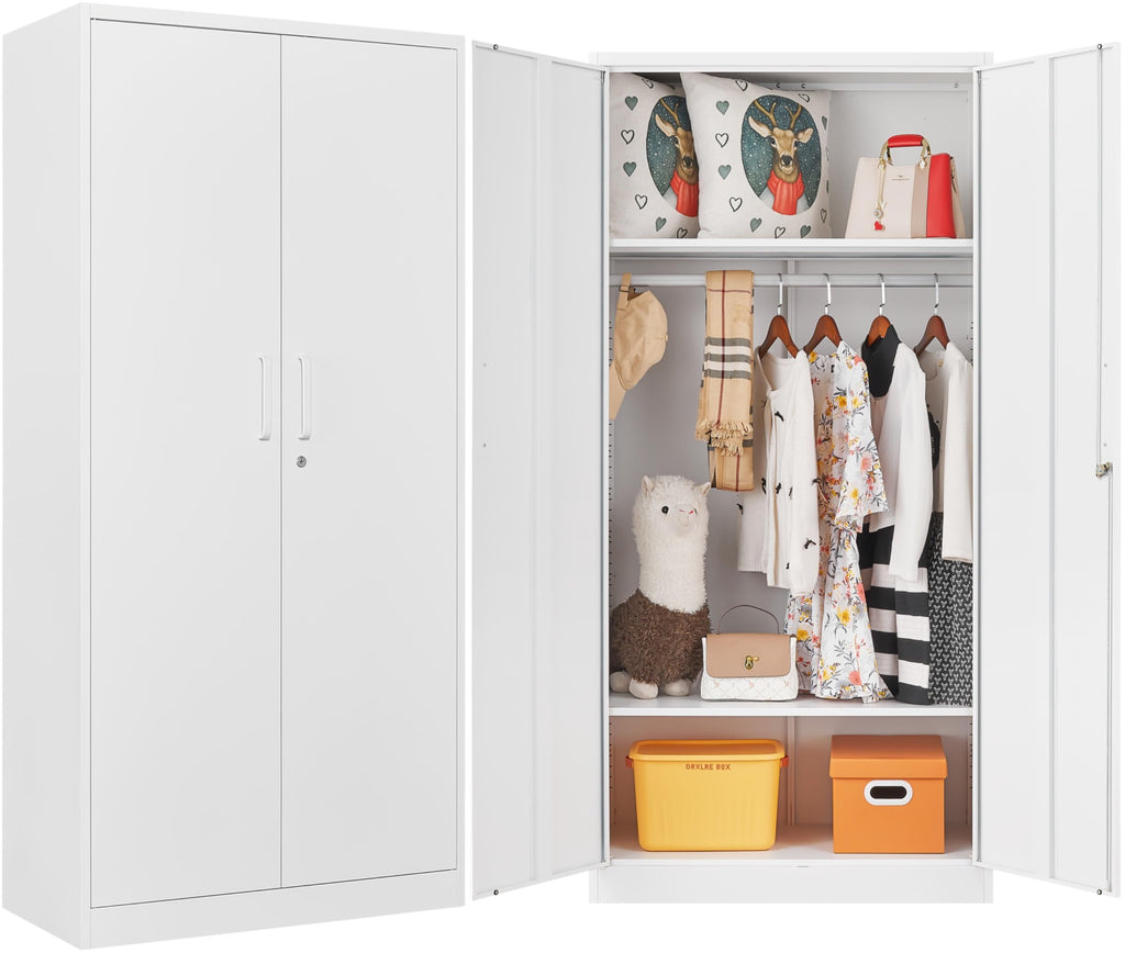 Metal Wardrobe Cabinet with Hanging Rod & Lock, White Armoire Wardrobe Closet, Metal Clothing Storage Cabinet with