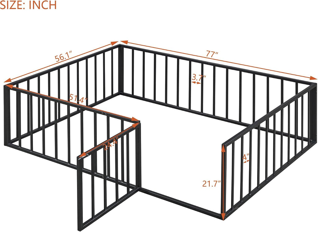Floor Bed with Fence and Door, Heavy Duty Metal Montessori Floor Bed with Rails, Low-Profile Montessori