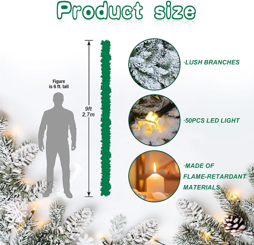 Flocked Christmas Garland with Lights,9FT Pre-Lit White Snow Garlands with 240 PVC Tips,Frosted Garland